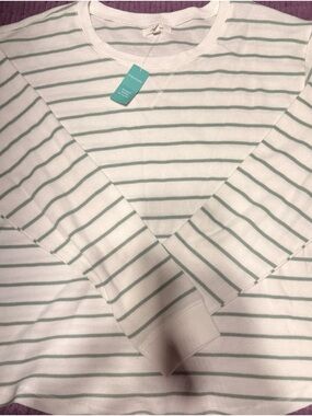 White & Sage Striped Long Sleeve Top